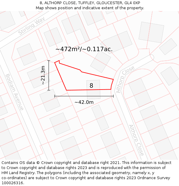 8, ALTHORP CLOSE, TUFFLEY, GLOUCESTER, GL4 0XP: Plot and title map