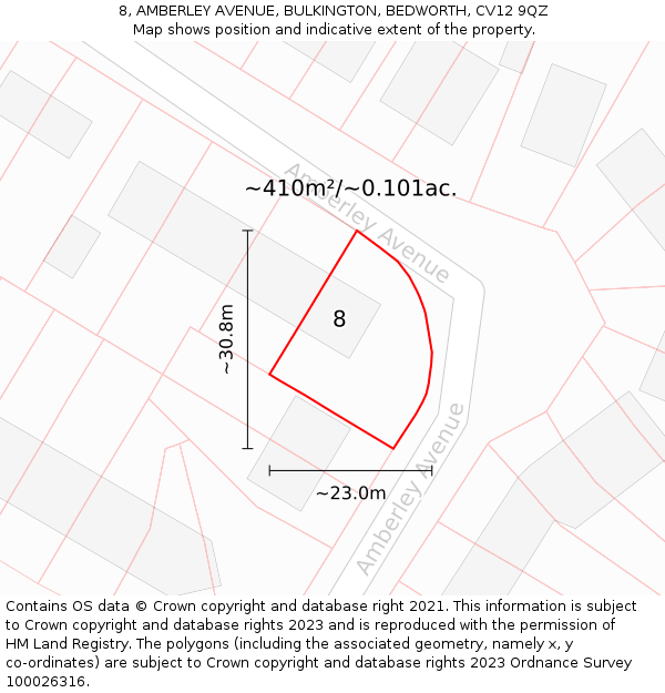 8, AMBERLEY AVENUE, BULKINGTON, BEDWORTH, CV12 9QZ: Plot and title map