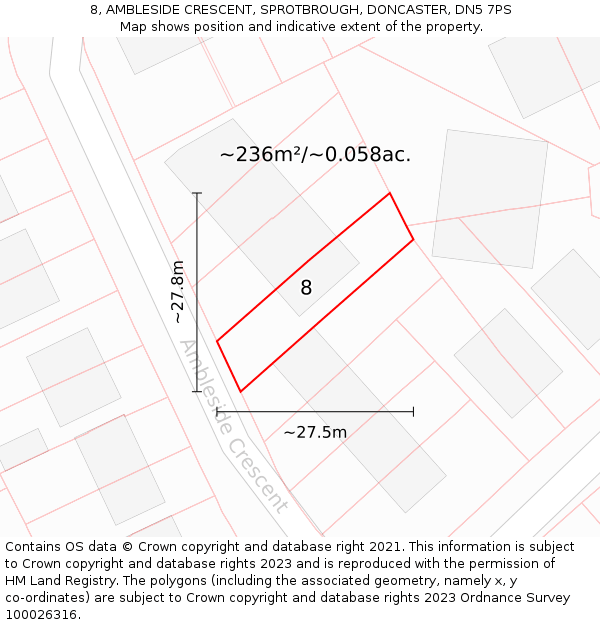 8, AMBLESIDE CRESCENT, SPROTBROUGH, DONCASTER, DN5 7PS: Plot and title map