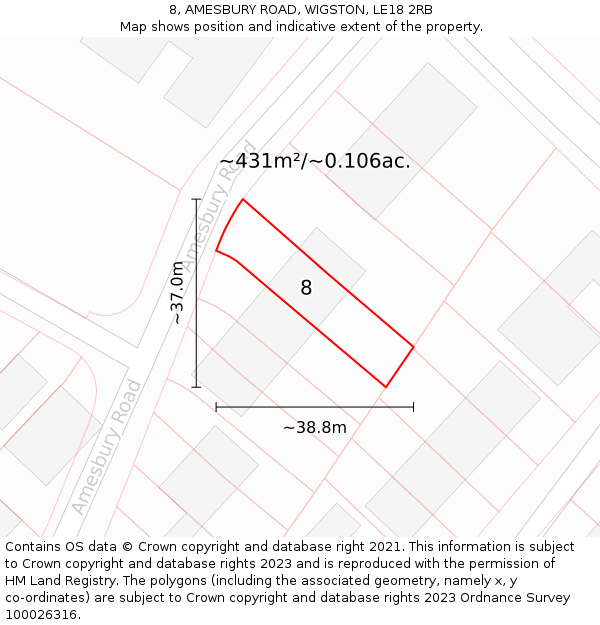 8, AMESBURY ROAD, WIGSTON, LE18 2RB: Plot and title map