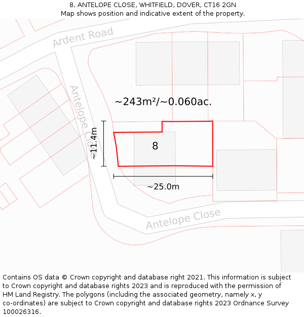 8, ANTELOPE CLOSE, WHITFIELD, DOVER, CT16 2GN: Plot and title map