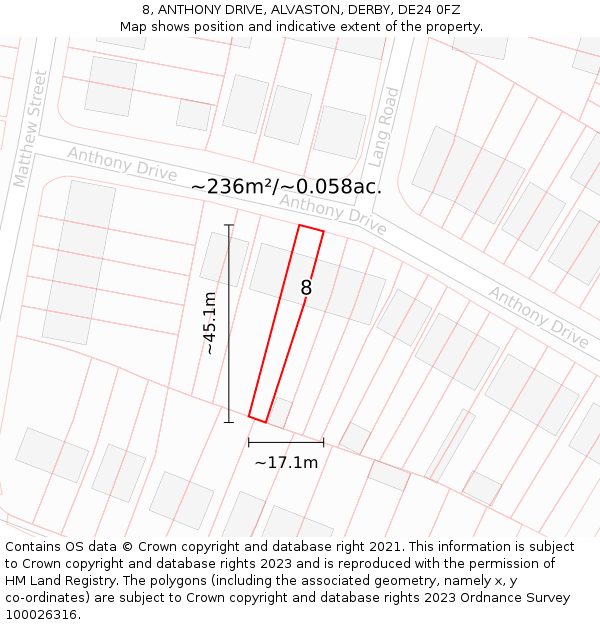 8, ANTHONY DRIVE, ALVASTON, DERBY, DE24 0FZ: Plot and title map