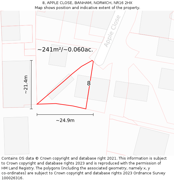 8, APPLE CLOSE, BANHAM, NORWICH, NR16 2HX: Plot and title map