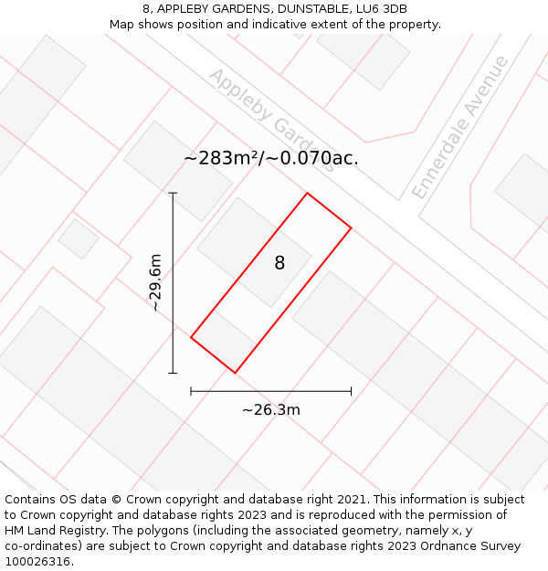 8, APPLEBY GARDENS, DUNSTABLE, LU6 3DB: Plot and title map