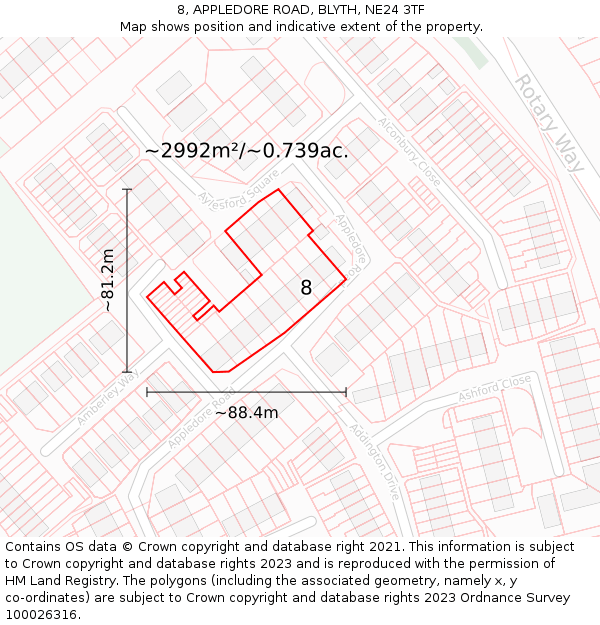 8, APPLEDORE ROAD, BLYTH, NE24 3TF: Plot and title map