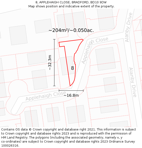 8, APPLEHAIGH CLOSE, BRADFORD, BD10 9DW: Plot and title map