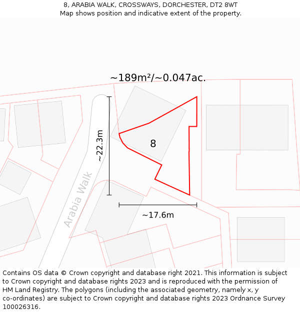8, ARABIA WALK, CROSSWAYS, DORCHESTER, DT2 8WT: Plot and title map