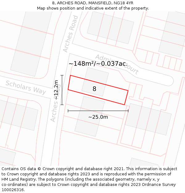 8, ARCHES ROAD, MANSFIELD, NG18 4YR: Plot and title map