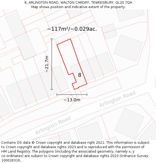 8, ARLINGTON ROAD, WALTON CARDIFF, TEWKESBURY, GL20 7QA: Plot and title map