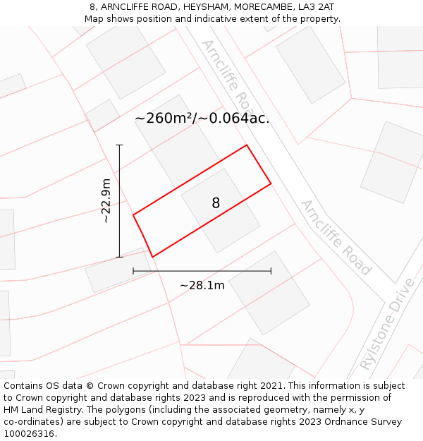 8, ARNCLIFFE ROAD, HEYSHAM, MORECAMBE, LA3 2AT: Plot and title map