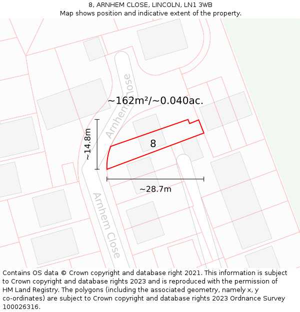8, ARNHEM CLOSE, LINCOLN, LN1 3WB: Plot and title map