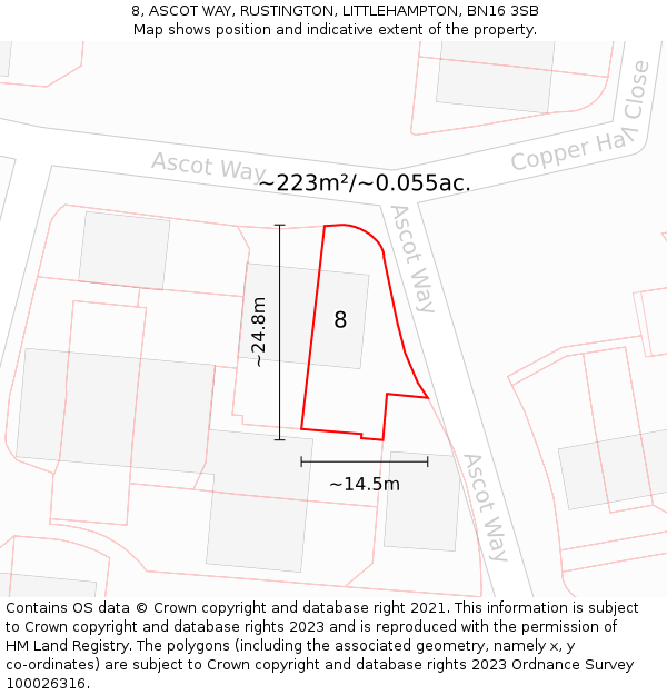 8, ASCOT WAY, RUSTINGTON, LITTLEHAMPTON, BN16 3SB: Plot and title map