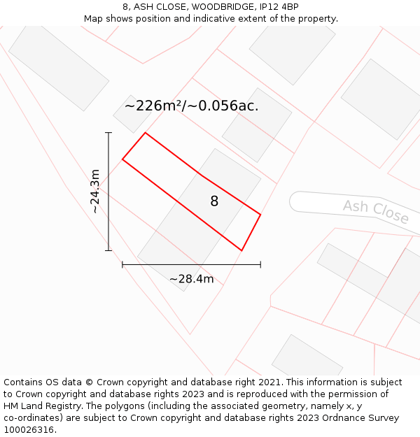 8, ASH CLOSE, WOODBRIDGE, IP12 4BP: Plot and title map