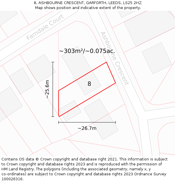 8, ASHBOURNE CRESCENT, GARFORTH, LEEDS, LS25 2HZ: Plot and title map
