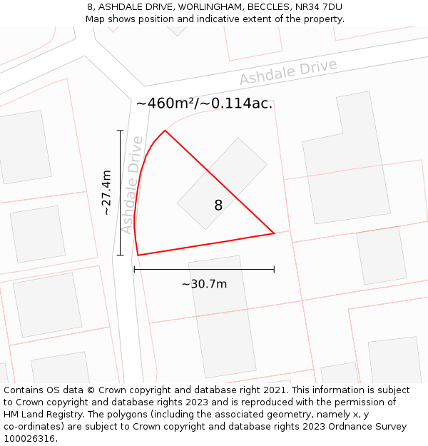 8, ASHDALE DRIVE, WORLINGHAM, BECCLES, NR34 7DU: Plot and title map
