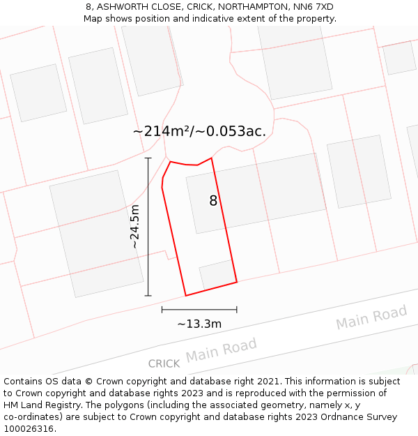 8, ASHWORTH CLOSE, CRICK, NORTHAMPTON, NN6 7XD: Plot and title map