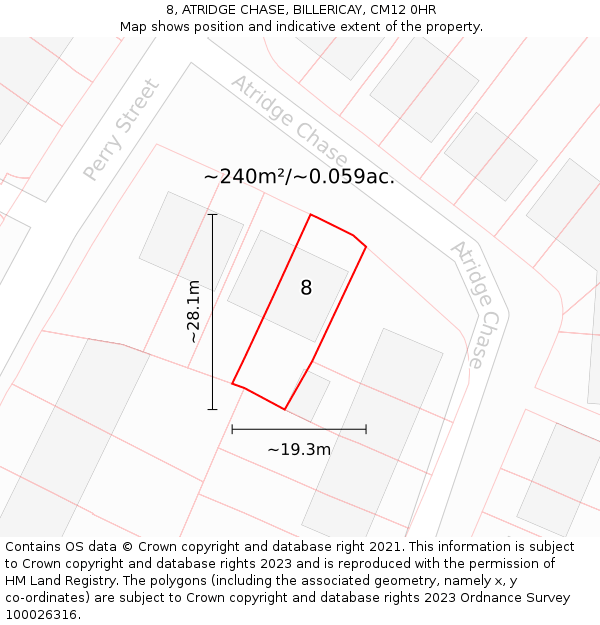 8, ATRIDGE CHASE, BILLERICAY, CM12 0HR: Plot and title map