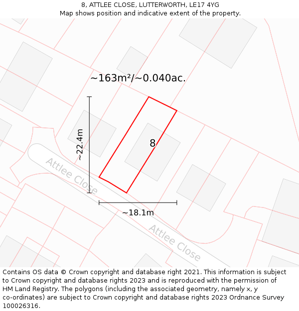 8, ATTLEE CLOSE, LUTTERWORTH, LE17 4YG: Plot and title map