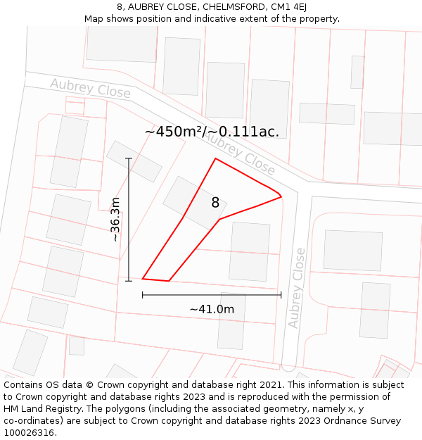 8, AUBREY CLOSE, CHELMSFORD, CM1 4EJ: Plot and title map