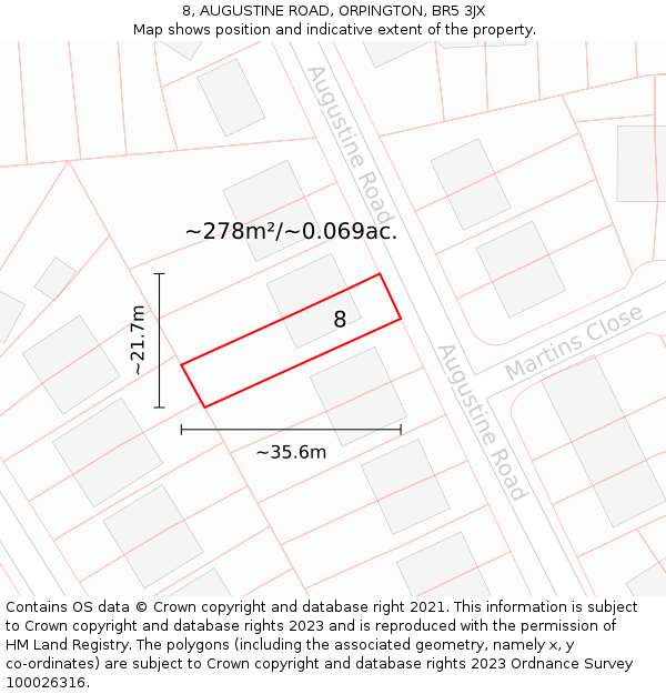8, AUGUSTINE ROAD, ORPINGTON, BR5 3JX: Plot and title map
