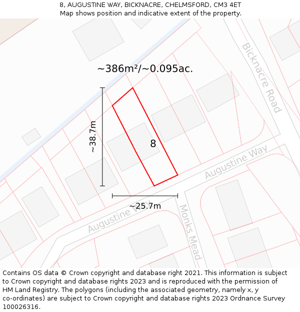 8, AUGUSTINE WAY, BICKNACRE, CHELMSFORD, CM3 4ET: Plot and title map