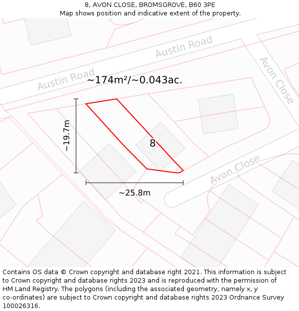 8, AVON CLOSE, BROMSGROVE, B60 3PE: Plot and title map