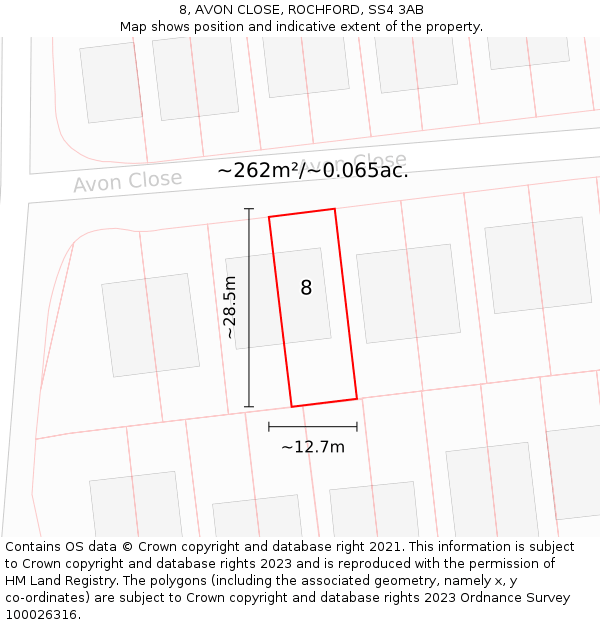 8, AVON CLOSE, ROCHFORD, SS4 3AB: Plot and title map