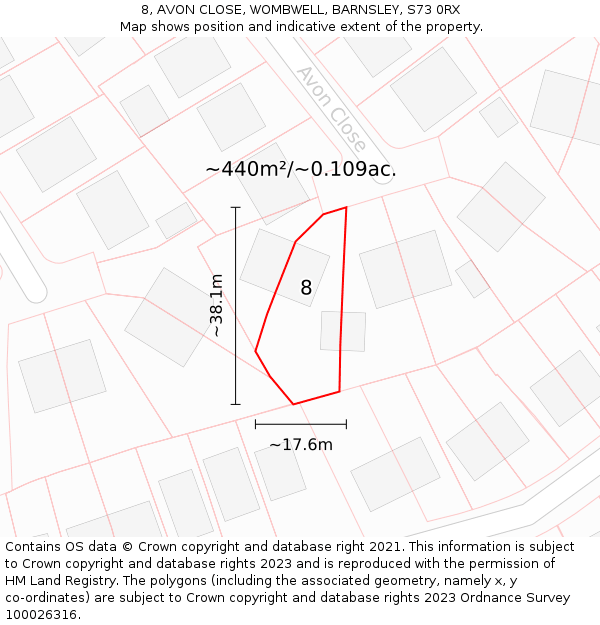 8, AVON CLOSE, WOMBWELL, BARNSLEY, S73 0RX: Plot and title map