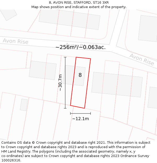 8, AVON RISE, STAFFORD, ST16 3XR: Plot and title map