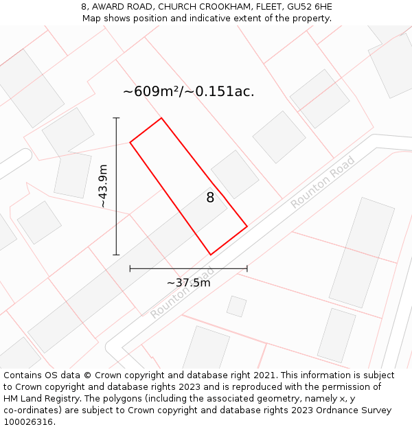 8, AWARD ROAD, CHURCH CROOKHAM, FLEET, GU52 6HE: Plot and title map