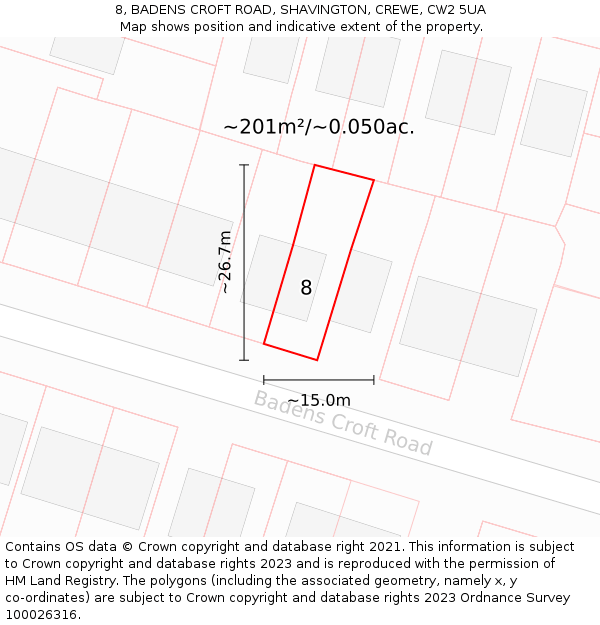 8, BADENS CROFT ROAD, SHAVINGTON, CREWE, CW2 5UA: Plot and title map