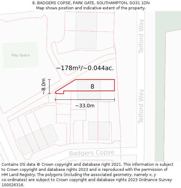 8, BADGERS COPSE, PARK GATE, SOUTHAMPTON, SO31 1DN: Plot and title map