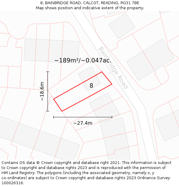 8, BAINBRIDGE ROAD, CALCOT, READING, RG31 7BE: Plot and title map