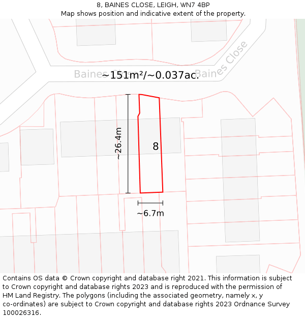 8, BAINES CLOSE, LEIGH, WN7 4BP: Plot and title map