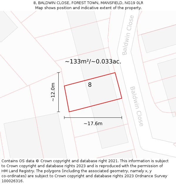 8, BALDWIN CLOSE, FOREST TOWN, MANSFIELD, NG19 0LR: Plot and title map