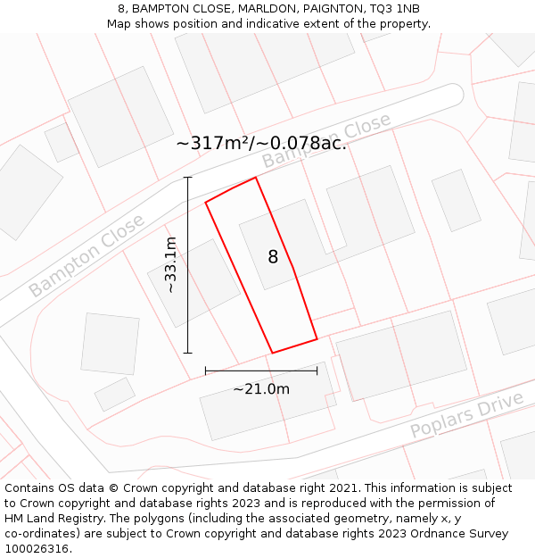 8, BAMPTON CLOSE, MARLDON, PAIGNTON, TQ3 1NB: Plot and title map