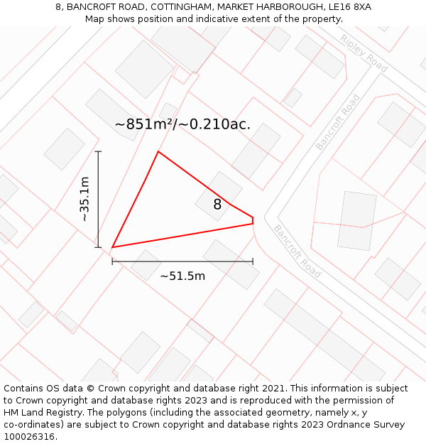 8, BANCROFT ROAD, COTTINGHAM, MARKET HARBOROUGH, LE16 8XA: Plot and title map