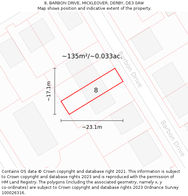 8, BARBON DRIVE, MICKLEOVER, DERBY, DE3 0AW: Plot and title map