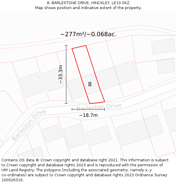 8, BARLESTONE DRIVE, HINCKLEY, LE10 0XZ: Plot and title map