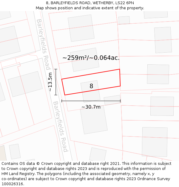 8, BARLEYFIELDS ROAD, WETHERBY, LS22 6PN: Plot and title map