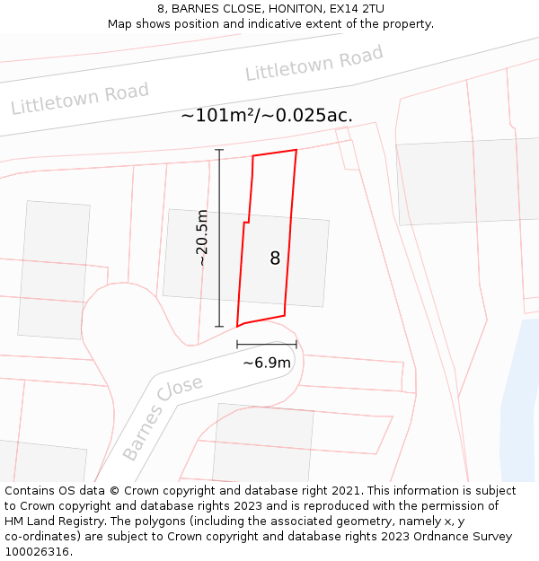 8, BARNES CLOSE, HONITON, EX14 2TU: Plot and title map