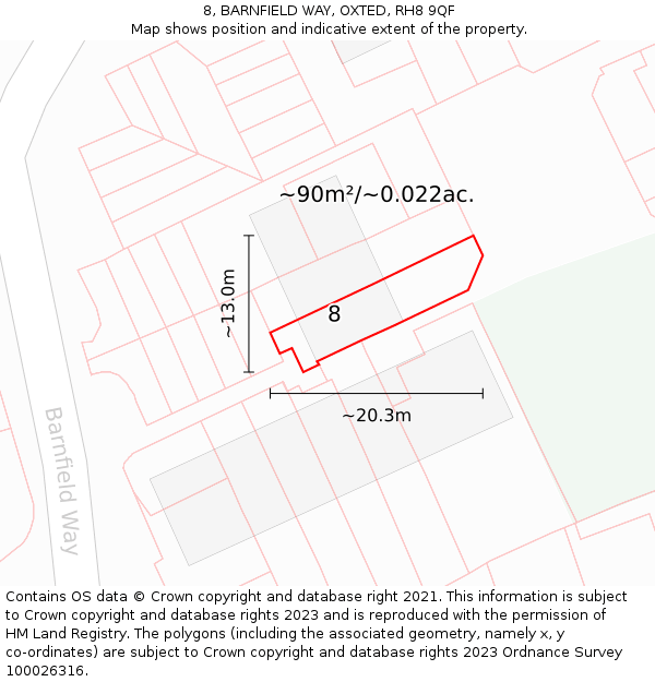 8, BARNFIELD WAY, OXTED, RH8 9QF: Plot and title map