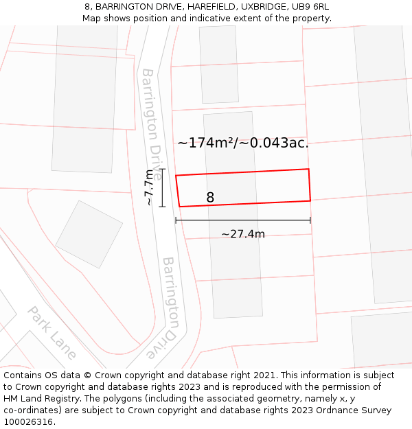 8, BARRINGTON DRIVE, HAREFIELD, UXBRIDGE, UB9 6RL: Plot and title map