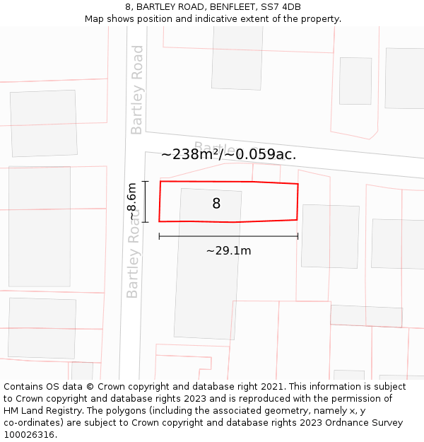 8, BARTLEY ROAD, BENFLEET, SS7 4DB: Plot and title map