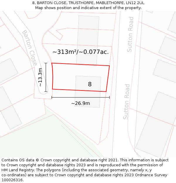 8, BARTON CLOSE, TRUSTHORPE, MABLETHORPE, LN12 2UL: Plot and title map