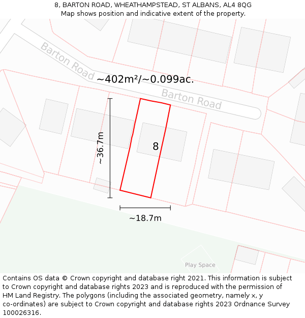 8, BARTON ROAD, WHEATHAMPSTEAD, ST ALBANS, AL4 8QG: Plot and title map