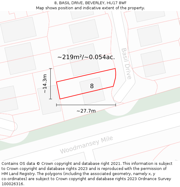 8, BASIL DRIVE, BEVERLEY, HU17 8WF: Plot and title map