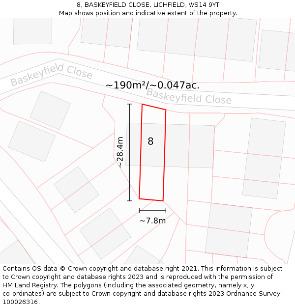 8, BASKEYFIELD CLOSE, LICHFIELD, WS14 9YT: Plot and title map