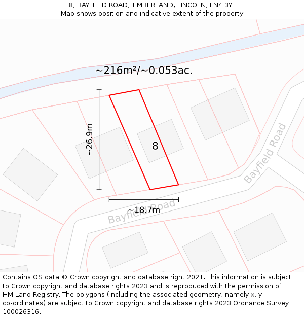 8, BAYFIELD ROAD, TIMBERLAND, LINCOLN, LN4 3YL: Plot and title map