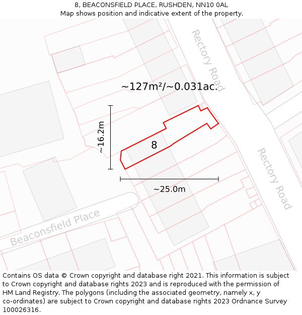 8, BEACONSFIELD PLACE, RUSHDEN, NN10 0AL: Plot and title map